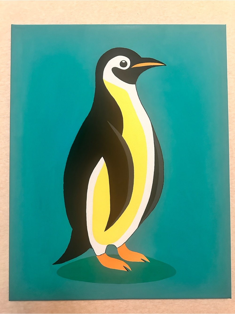 Teal Penguin Wall Art Print with Yellow Accent - Unbranded